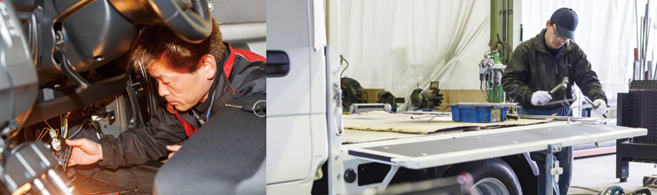 油圧や電気に関する技術も備えています。新車の特装はもとより、スピーディな修理対応、確実な車検・整備にも自信があります。